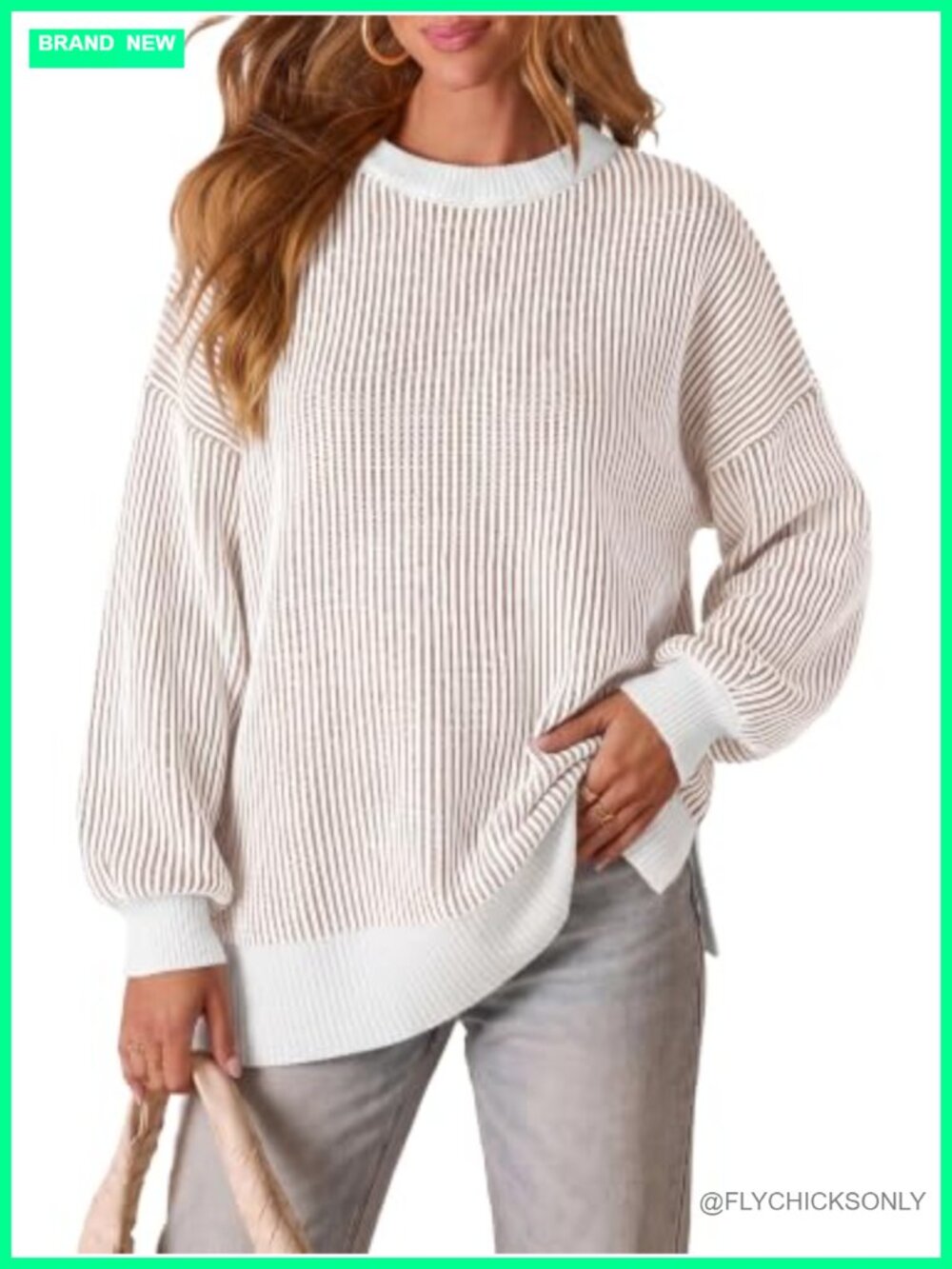 Oversized Striped Knit Batwing Sleeve Crew Neck Pullover Sweater